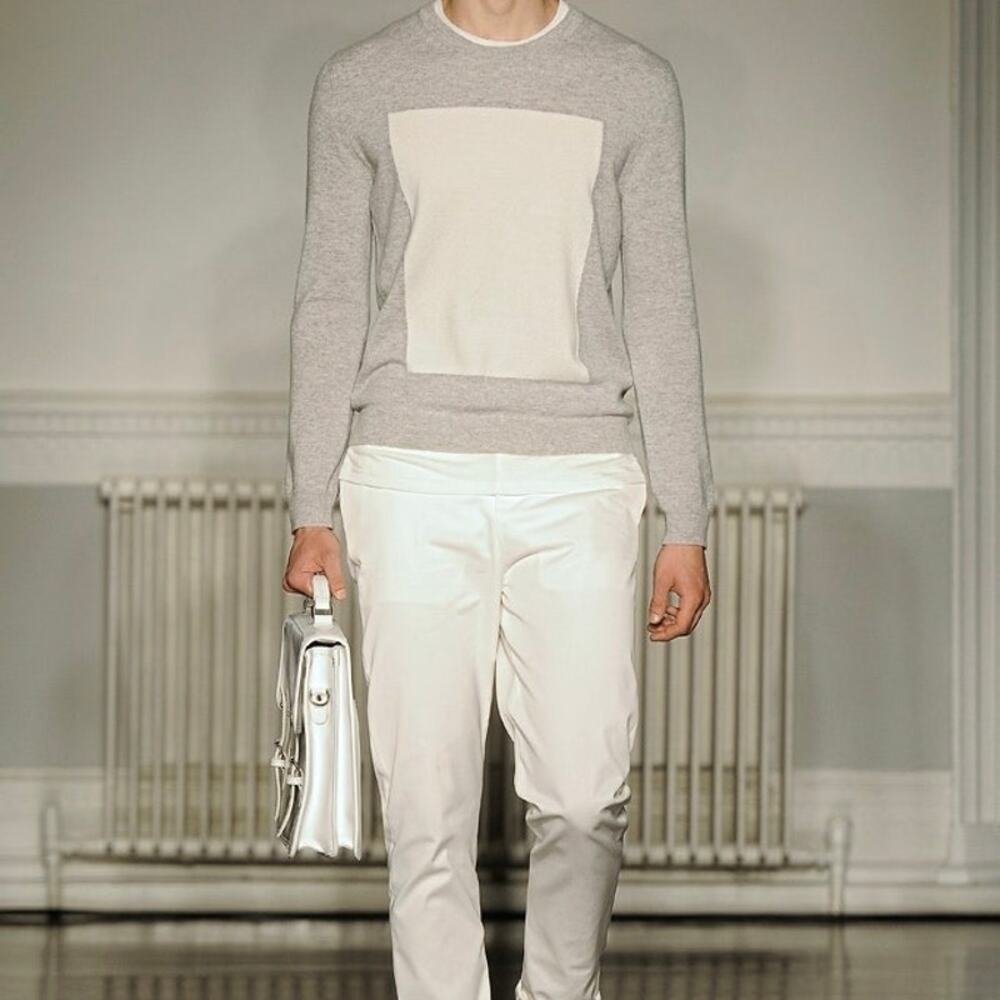 RICHARD NICOLL Mens Grey & White Square Crewneck Long Sleeves Sweater Size Small